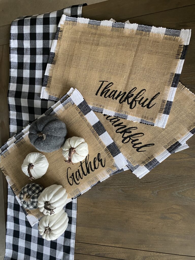 Buffalo check, table decor, placemats, table runner, fabric pumpkin, thankful, gather