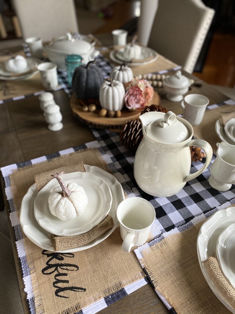 Farmhouse tablescape, Mikasa, hobby lobby, fall tablescape