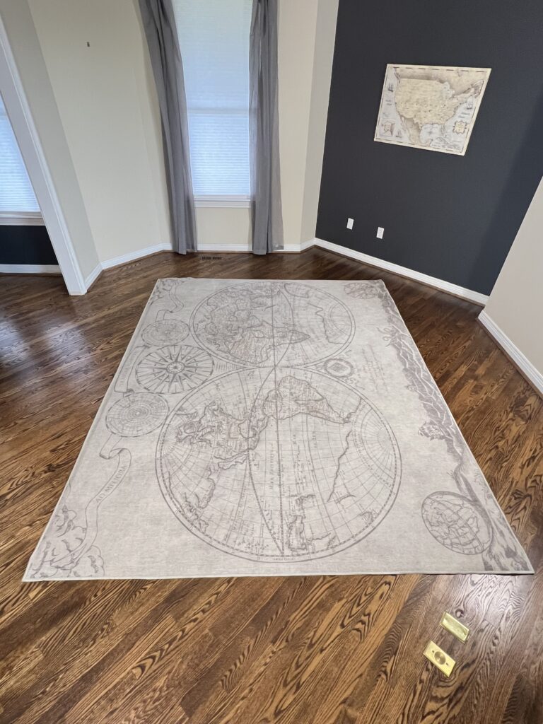 Ruggable, vintage map, neutral rug, washable rug, hardwood floors, 